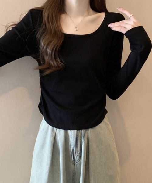 2ly2(トゥーリートゥー)の「スクエアネック 長袖カットソー ストレッチ トップス インナー(Tシャツ/カットソー・レディース・ブラック/ホワイト/ベージュ/グレー・FREE)」の10枚目の写真