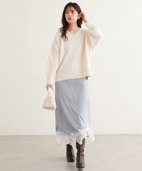natural couture（ナチュラルクチュール）の「イレヘムレースサテンスカート（スカート・レディース・ブラウン/アイボリー/サックスブルー・MEDIUM/LARGE）」の13枚目の写真