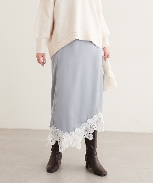 natural couture（ナチュラルクチュール）の「イレヘムレースサテンスカート（スカート・レディース・ブラウン/アイボリー/サックスブルー・MEDIUM/LARGE）」の10枚目の写真