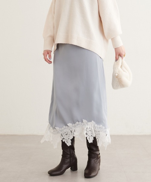 natural couture（ナチュラルクチュール）の「イレヘムレースサテンスカート（スカート・レディース・ブラウン/アイボリー/サックスブルー・MEDIUM/LARGE）」の11枚目の写真
