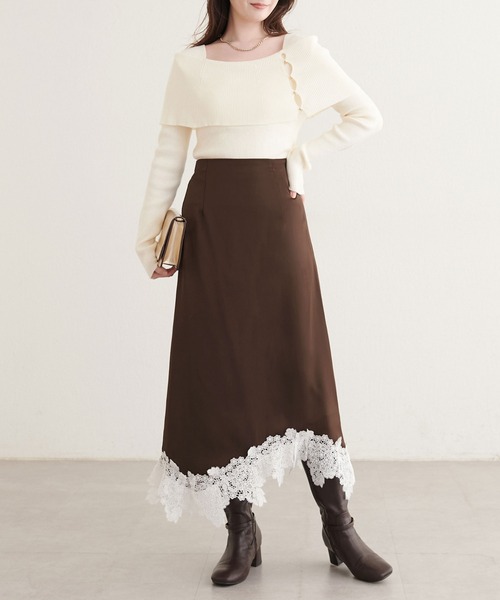 natural couture（ナチュラルクチュール）の「イレヘムレースサテンスカート（スカート・レディース・ブラウン/アイボリー/サックスブルー・MEDIUM/LARGE）」の16枚目の写真