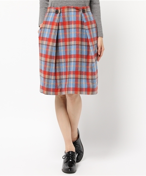 POU DOU DOU(プードゥドゥ)の「フラノチェックタックタイトスカート(スカート・レディース・オレンジ/ネイビー/ブラウン/グレー/ダークブラウン/ダークブルー・3)」の6枚目の写真