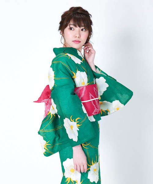 kimonomachi（キモノマチ）の「レディース 浴衣 2点セット 浴衣＋半幅帯の2点セット LADY STYLE レディース 浴衣 変わり織り綿浴衣2点セット（浴衣・レディース・スカイブルー/ブラック/エンジ/パープル/ネイビー/ピンク/ブルー/グリーン/エメラルド/クリーム/マルチ/ダークパープル/ラベンダー/ダークブルー/バイオレット/スモークピンク/ダークラベンダー/サーモンピンク/ダークネイビー・FREE）」の4枚目の写真