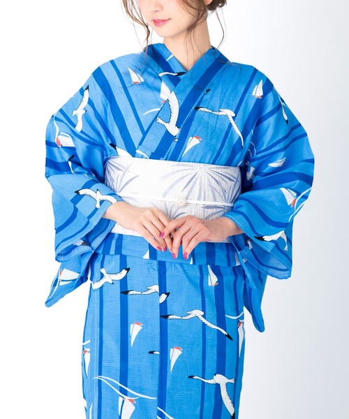 kimonomachi（キモノマチ）の「レディース 浴衣 2点セット 浴衣＋半幅帯の2点セット LADY STYLE レディース 浴衣 変わり織り綿浴衣2点セット（浴衣・レディース・スカイブルー/ブラック/エンジ/パープル/ネイビー/ピンク/ブルー/グリーン/エメラルド/クリーム/マルチ/ダークパープル/ラベンダー/ダークブルー/バイオレット/スモークピンク/ダークラベンダー/サーモンピンク/ダークネイビー・FREE）」の6枚目の写真