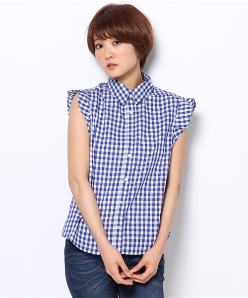 Denime（ドゥニーム）の「ギンガムフレアブラウス（シャツ/ブラウス・レディース・ブラック/ブルー/サックスブルー/ネイビー・FREE）」の4枚目の写真