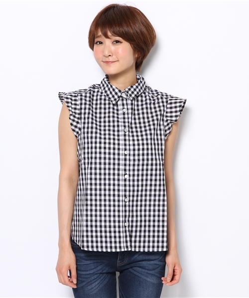 Denime（ドゥニーム）の「ギンガムフレアブラウス（シャツ/ブラウス・レディース・ブラック/ブルー/サックスブルー/ネイビー・FREE）」の7枚目の写真