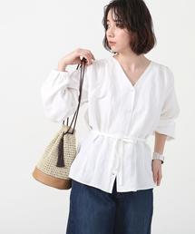 coen | リネンレーヨンウエストタックVネックブラウス(シャツ/ブラウス)