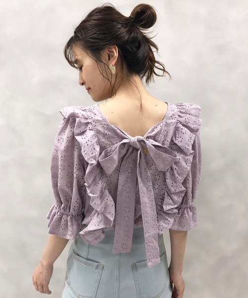 one after another NICE CLAUP（ワンアフターアナザーナイスクラップ）の「【WEB限定】うしろリボンレースブラウス（シャツ/ブラウス・レディース・オフホワイト/ブラック/ミント/パープル・FREE）」の4枚目の写真