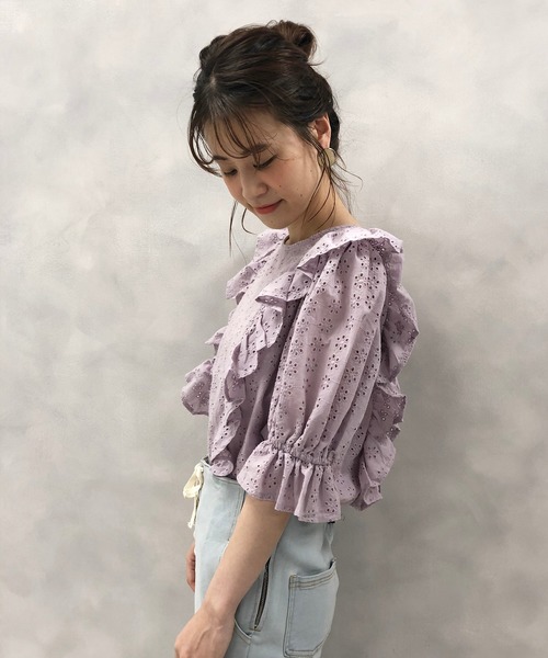 one after another NICE CLAUP（ワンアフターアナザーナイスクラップ）の「【WEB限定】うしろリボンレースブラウス（シャツ/ブラウス・レディース・オフホワイト/ブラック/ミント/パープル・FREE）」の5枚目の写真