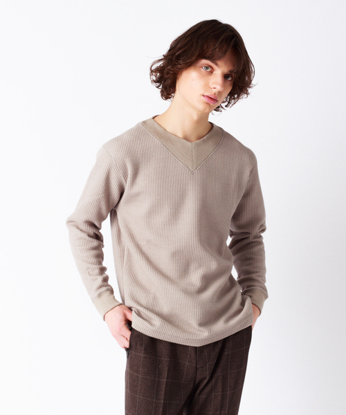 ABAHOUSE（アバハウス）の「シャンブレーワッフル ニット（ニット/セーター・メンズ・グレイッシュブルー/グレイッシュベージュ/ダークネイビー/ブラウン・46/48/44）」の2枚目の写真