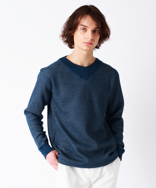 ABAHOUSE（アバハウス）の「シャンブレーワッフル ニット（ニット/セーター・メンズ・グレイッシュブルー/グレイッシュベージュ/ダークネイビー/ブラウン・46/48/44）」の3枚目の写真