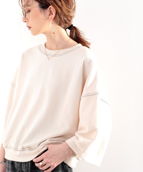 classicalelf(クラシカルエルフ)の「ステッチで1+。ゆったり5分袖スウェット(スウェット・レディース・ブルー/モカ/ブラック/アイボリー・MEDIUM/LARGE/X-LARGE)」の8枚目の写真