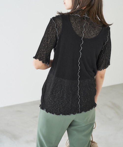 Chaco closet(チャコ クローゼット)の「シースルー メロー配色ステッチ シアートップス(Tシャツ/カットソー・レディース・オフホワイト/オレンジ/ライム/モカ/ブラック・FREE)」の7枚目の写真