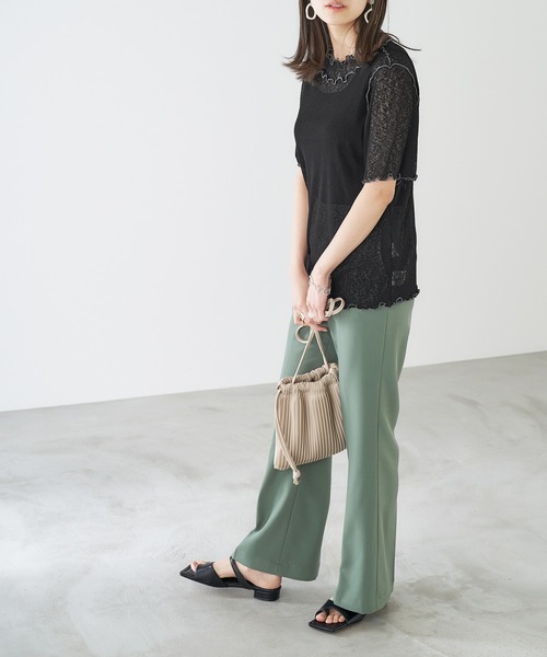 Chaco closet(チャコ クローゼット)の「シースルー メロー配色ステッチ シアートップス(Tシャツ/カットソー・レディース・オフホワイト/オレンジ/ライム/モカ/ブラック・FREE)」の8枚目の写真