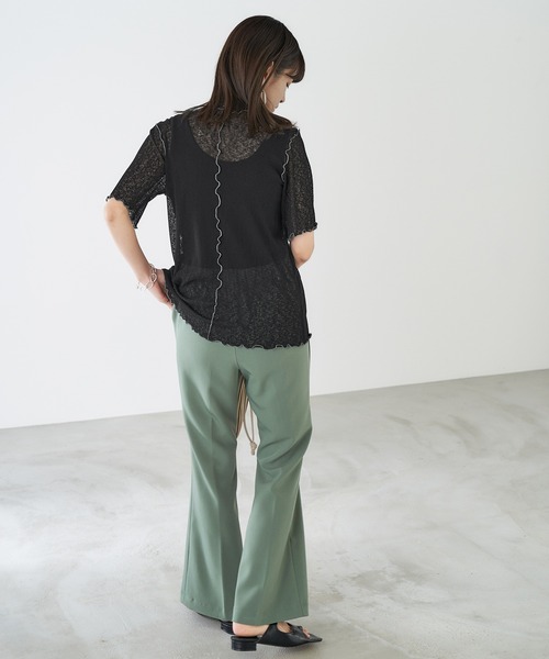 Chaco closet(チャコ クローゼット)の「シースルー メロー配色ステッチ シアートップス(Tシャツ/カットソー・レディース・オフホワイト/オレンジ/ライム/モカ/ブラック・FREE)」の9枚目の写真