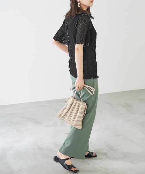 Chaco closet(チャコ クローゼット)の「シースルー メロー配色ステッチ シアートップス(Tシャツ/カットソー・レディース・オフホワイト/オレンジ/ライム/モカ/ブラック・FREE)」の10枚目の写真