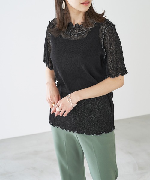 Chaco closet(チャコ クローゼット)の「シースルー メロー配色ステッチ シアートップス(Tシャツ/カットソー・レディース・オフホワイト/オレンジ/ライム/モカ/ブラック・FREE)」の11枚目の写真