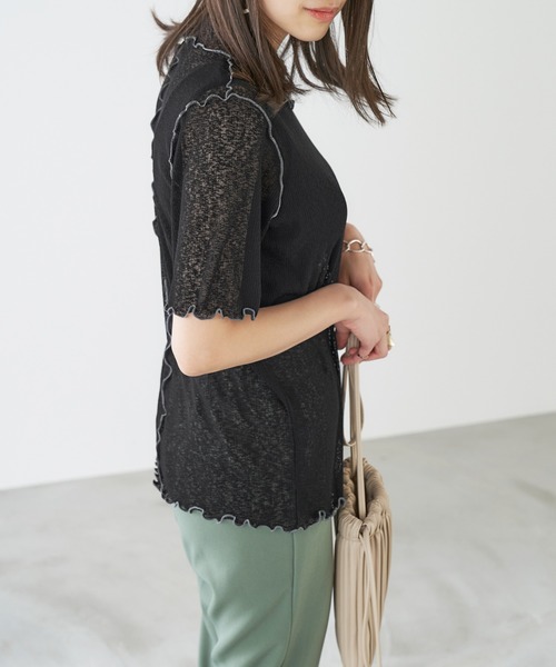 Chaco closet(チャコ クローゼット)の「シースルー メロー配色ステッチ シアートップス(Tシャツ/カットソー・レディース・オフホワイト/オレンジ/ライム/モカ/ブラック・FREE)」の12枚目の写真