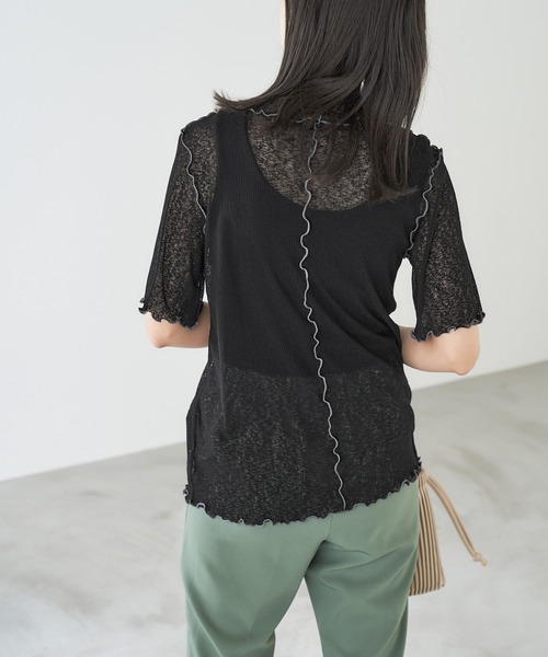 Chaco closet(チャコ クローゼット)の「シースルー メロー配色ステッチ シアートップス(Tシャツ/カットソー・レディース・オフホワイト/オレンジ/ライム/モカ/ブラック・FREE)」の13枚目の写真