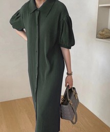 パワーショルダーソフトプリーツロングシャツワンピース
