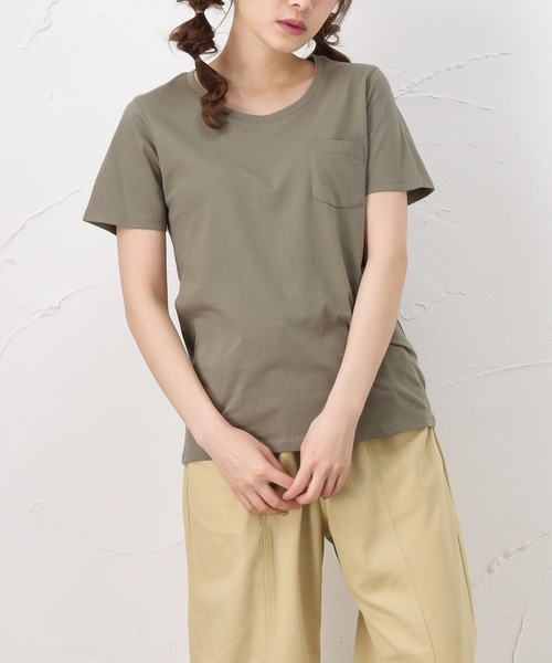 100% ORGANIC COTTON（100パーセントオーガニックコットン）の「ポケット付きクルーネック 半袖Tシャツ（Tシャツ/カットソー・レディース・カーキ/ベージュ/ホワイト/ブラック・L/M）」の4枚目の写真