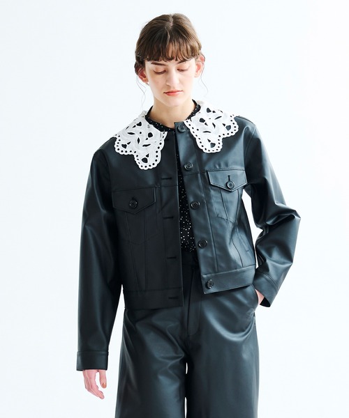 極美品　LANVIN en Bleu フェイクレザーレース衿ブルゾン LANVIN en Bleu（ランバンオンブルー）の「フェイクレザーレース