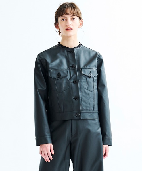 極美品　LANVIN en Bleu フェイクレザーレース衿ブルゾン LANVIN en Bleu（ランバンオンブルー）の「フェイクレザーレース