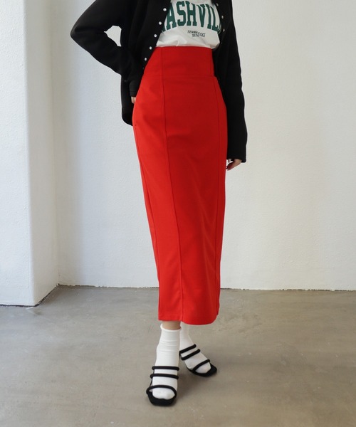 Shelly island（シェリーアイランド）の「ハイウエストロングナロースカート（スカート・レディース・ライトグリーン/レッド/グリーン/オレンジ/ブラック・M）」の4枚目の写真