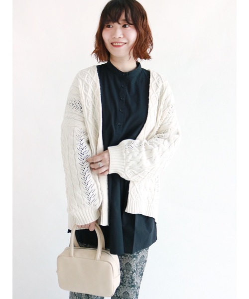 Lugnoncure（ルノンキュール）の「透かし編みケーブルニットガウン（ニット/セーター・レディース・オフホワイト/チャコール/オレンジ・ﾌﾘ-）」の2枚目の写真