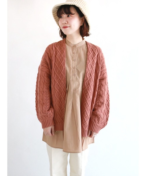 Lugnoncure（ルノンキュール）の「透かし編みケーブルニットガウン（ニット/セーター・レディース・オフホワイト/チャコール/オレンジ・ﾌﾘ-）」の3枚目の写真