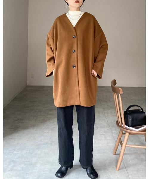She's Closet（シーズクローゼット）の「ノーカラー Vネックミドル丈 ウールライク コート（ノーカラーコート・レディース・アイボリー/モカ/ブラック/杢グレー/キャメル/オートミール・FREE）」の20枚目の写真