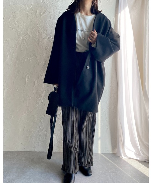 She's Closet（シーズクローゼット）の「ノーカラー Vネックミドル丈 ウールライク コート（ノーカラーコート・レディース・アイボリー/モカ/ブラック/杢グレー/キャメル/オートミール・FREE）」の19枚目の写真