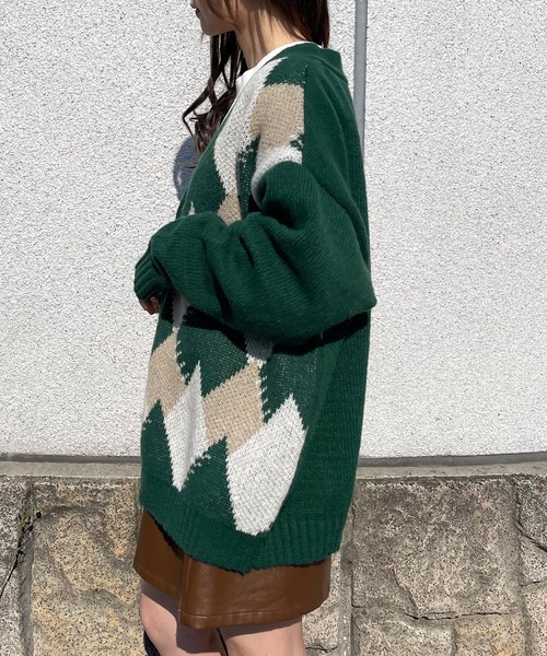 PairPair(ペアペア)の「アーガイル柄Vカーデ(ユニセックス)(カーディガン/ボレロ・レディース・グリーン/アイボリー/グレイッシュブルー・MEDIUM/LARGE)」の12枚目の写真