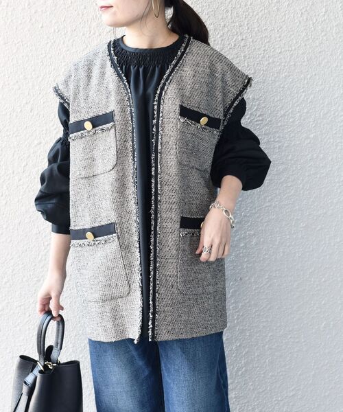SHIPS(シップス)の「〈手洗い可能〉ツイードフリンジジレ◆(ベスト・レディース・ブラック/ベージュ・ONE SIZE)」の16枚目の写真