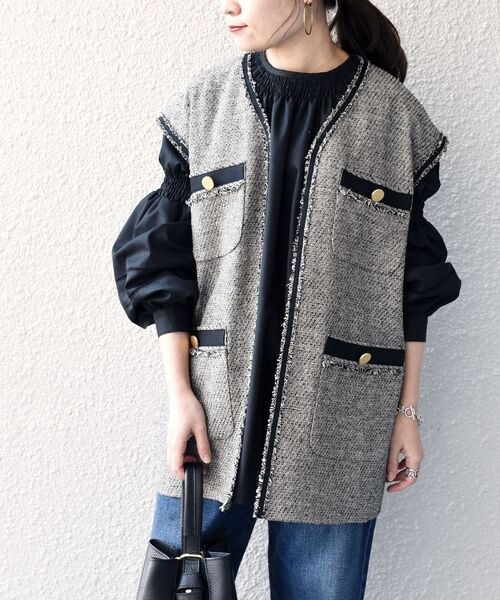 SHIPS(シップス)の「〈手洗い可能〉ツイードフリンジジレ◆(ベスト・レディース・ブラック/ベージュ・ONE SIZE)」の8枚目の写真