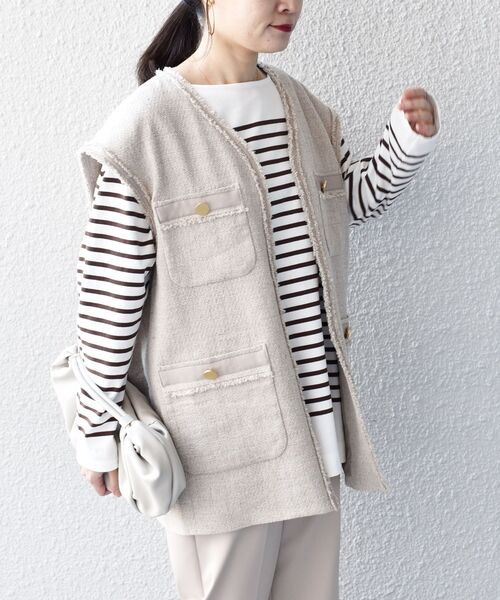 SHIPS(シップス)の「〈手洗い可能〉ツイードフリンジジレ◆(ベスト・レディース・ブラック/ベージュ・ONE SIZE)」の14枚目の写真