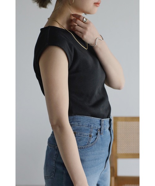 Bonjour Sagan（ボンジュールサガン）の「アシメネックフレンチスリーブトップス（Tシャツ/カットソー・レディース・ブラック/ベージュ・FREE）」の6枚目の写真