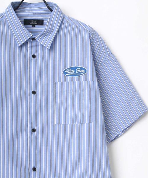 Lazar（ラザル）の「オーバーサイズ Ride Free ワッペン ワンポイント刺繍 ムジ ストライプ レギュラーカラー 半袖シャツ/ワークシャツ（シャツ/ブラウス・メンズ・ホワイト/ベージュ/ブルー/ホワイト系その他/ブルー系その他/ブルー系その他2/ブルー系その他3・LL/M/L）」の7枚目の写真