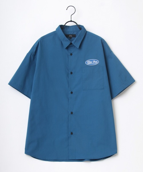 Lazar（ラザル）の「オーバーサイズ Ride Free ワッペン ワンポイント刺繍 ムジ ストライプ レギュラーカラー 半袖シャツ/ワークシャツ（シャツ/ブラウス・メンズ・ホワイト/ベージュ/ブルー/ホワイト系その他/ブルー系その他/ブルー系その他2/ブルー系その他3・LL/M/L）」の11枚目の写真