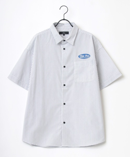 Lazar（ラザル）の「オーバーサイズ Ride Free ワッペン ワンポイント刺繍 ムジ ストライプ レギュラーカラー 半袖シャツ/ワークシャツ（シャツ/ブラウス・メンズ・ホワイト/ベージュ/ブルー/ホワイト系その他/ブルー系その他/ブルー系その他2/ブルー系その他3・LL/M/L）」の9枚目の写真
