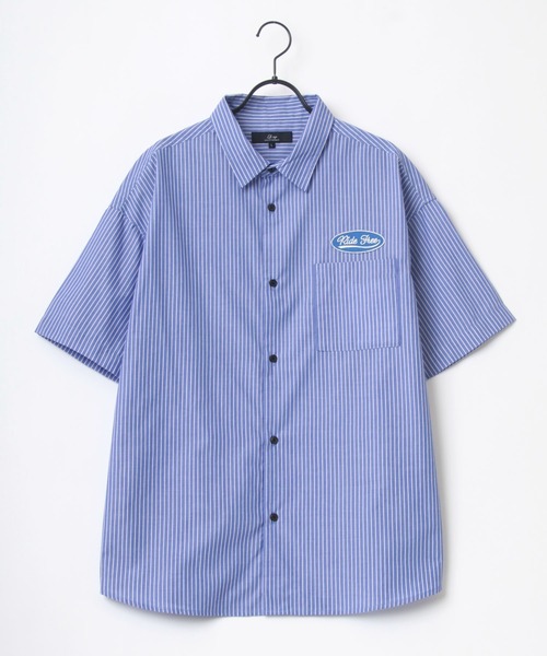 Lazar（ラザル）の「オーバーサイズ Ride Free ワッペン ワンポイント刺繍 ムジ ストライプ レギュラーカラー 半袖シャツ/ワークシャツ（シャツ/ブラウス・メンズ・ホワイト/ベージュ/ブルー/ホワイト系その他/ブルー系その他/ブルー系その他2/ブルー系その他3・LL/M/L）」の12枚目の写真