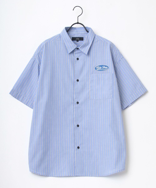 Lazar（ラザル）の「オーバーサイズ Ride Free ワッペン ワンポイント刺繍 ムジ ストライプ レギュラーカラー 半袖シャツ/ワークシャツ（シャツ/ブラウス・メンズ・ホワイト/ベージュ/ブルー/ホワイト系その他/ブルー系その他/ブルー系その他2/ブルー系その他3・LL/M/L）」の14枚目の写真