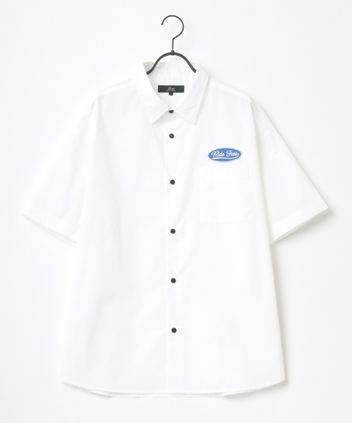 Lazar（ラザル）の「オーバーサイズ Ride Free ワッペン ワンポイント刺繍 ムジ ストライプ レギュラーカラー 半袖シャツ/ワークシャツ（シャツ/ブラウス・メンズ・ホワイト/ベージュ/ブルー/ホワイト系その他/ブルー系その他/ブルー系その他2/ブルー系その他3・LL/M/L）」の8枚目の写真