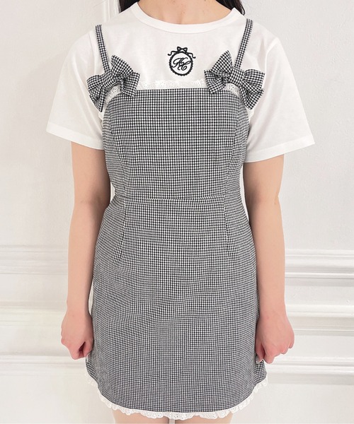 honey mew チェックリボンドッキングワンピース ニット ミニ ワンピース