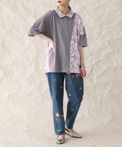 somari imagination（ソマリ イマジネーション）の「『レース切替カットソーポロシャツ』（ポロシャツ・レディース・ネイビー/グレー・1/2）」の6枚目の写真