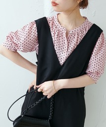 WEB限定カラー有り/とろみサテンパール釦5分袖ブラウス