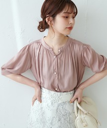 WEB限定カラー有り/とろみサテンパール釦5分袖ブラウス