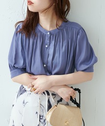 WEB限定カラー有り/とろみサテンパール釦5分袖ブラウス