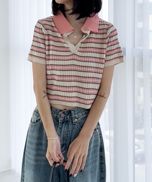 HALEY PESCA(ヘーリーペスカ)の「HALEY PESCA/ショート丈 ボーダーポロシャツ(ポロシャツ・レディース・ブラック/ピンク/ブルー・FREE)」の3枚目の写真