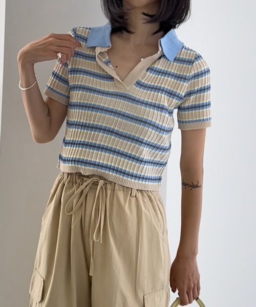 HALEY PESCA(ヘーリーペスカ)の「HALEY PESCA/ショート丈 ボーダーポロシャツ(ポロシャツ・レディース・ブラック/ピンク/ブルー・FREE)」の1枚目の写真